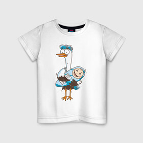 Детская футболка хлопок с принтом Аист с малышом в Белгороде, 100% хлопок | круглый вырез горловины, полуприлегающий силуэт, длина до линии бедер | Тематика изображения на принте: аист | девочка | малыш | мальчик | ребенок