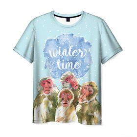 Мужская футболка 3D с принтом Зимняя пора в Белгороде, 100% полиэфир | прямой крой, круглый вырез горловины, длина до линии бедер | winter | год | зима | мартышка | новогодний | новый | обезьяна | обезьянка | подарок | с новым годом | снег