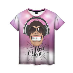 Женская футболка 3D с принтом Веселого Нового Года! в Белгороде, 100% полиэфир ( синтетическое хлопкоподобное полотно) | прямой крой, круглый вырез горловины, длина до линии бедер | 2016 | год | мартышка | новогодний | новый | обезьяна | обезьянка | подарок | с новым годом