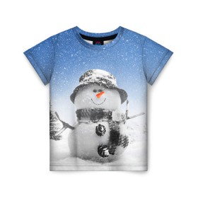 Детская футболка 3D с принтом Снеговик в Белгороде, 100% гипоаллергенный полиэфир | прямой крой, круглый вырез горловины, длина до линии бедер, чуть спущенное плечо, ткань немного тянется | Тематика изображения на принте: 2016 | winter | год | зима | мартышка | новогодний | новый | обезьяна | обезьянка | подарок | с новым годом | снег | снеговик