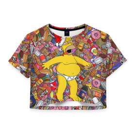 Женская футболка 3D укороченная с принтом Обжора Гомер в Белгороде, 100% полиэстер | круглая горловина, длина футболки до линии талии, рукава с отворотами | гомер
