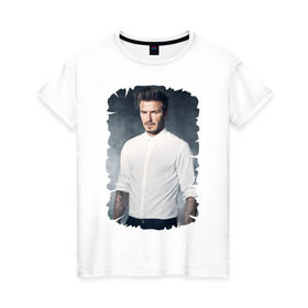 Женская футболка хлопок с принтом David Beckham в Белгороде, 100% хлопок | прямой крой, круглый вырез горловины, длина до линии бедер, слегка спущенное плечо | david beckham | англия | дэвид бекхэм | лига чемпионов | мадрид | мю | реал | футбол