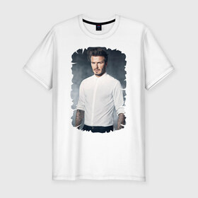 Мужская футболка премиум с принтом David Beckham в Белгороде, 92% хлопок, 8% лайкра | приталенный силуэт, круглый вырез ворота, длина до линии бедра, короткий рукав | Тематика изображения на принте: david beckham | англия | дэвид бекхэм | лига чемпионов | мадрид | мю | реал | футбол
