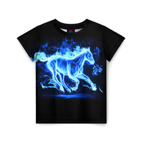 Детская футболка 3D с принтом Ледяной конь в Белгороде, 100% гипоаллергенный полиэфир | прямой крой, круглый вырез горловины, длина до линии бедер, чуть спущенное плечо, ткань немного тянется | Тематика изображения на принте: арт | лёд | лошадь | огонь | пламя