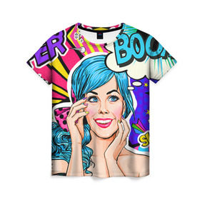 Женская футболка 3D с принтом Pop art в Белгороде, 100% полиэфир ( синтетическое хлопкоподобное полотно) | прямой крой, круглый вырез горловины, длина до линии бедер | bang | boom | omg | pop art | super | wow | wtf | арт | поп | ретро | уорхол | энди
