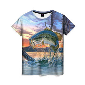 Женская футболка 3D с принтом Рыба в Белгороде, 100% полиэфир ( синтетическое хлопкоподобное полотно) | прямой крой, круглый вырез горловины, длина до линии бедер | fishing | рыба | рыбак | рыбалка | туризм
