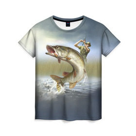 Женская футболка 3D с принтом Щука в Белгороде, 100% полиэфир ( синтетическое хлопкоподобное полотно) | прямой крой, круглый вырез горловины, длина до линии бедер | fishing | рыба | рыбак | рыбалка | туризм | щука