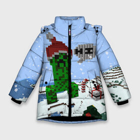 Зимняя куртка для девочек 3D с принтом Minecraft в Белгороде, ткань верха — 100% полиэстер; подклад — 100% полиэстер, утеплитель — 100% полиэстер. | длина ниже бедра, удлиненная спинка, воротник стойка и отстегивающийся капюшон. Есть боковые карманы с листочкой на кнопках, утяжки по низу изделия и внутренний карман на молнии. 

Предусмотрены светоотражающий принт на спинке, радужный светоотражающий элемент на пуллере молнии и на резинке для утяжки. | Тематика изображения на принте: creeper | крипер | майнкрафт | новогодний