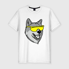Мужская футболка премиум с принтом Хаски в очках в Белгороде, 92% хлопок, 8% лайкра | приталенный силуэт, круглый вырез ворота, длина до линии бедра, короткий рукав | голова | животные | очки | пес | собака | хаски