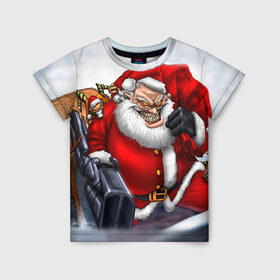 Детская футболка 3D с принтом Дед мороз рокер в Белгороде, 100% гипоаллергенный полиэфир | прямой крой, круглый вырез горловины, длина до линии бедер, чуть спущенное плечо, ткань немного тянется | heavy metal | rock | santa claus | дед мороз | рок | с новым годом | санта | санта клаус
