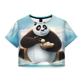 Женская футболка 3D укороченная с принтом Кунг фу панда в Белгороде, 100% полиэстер | круглая горловина, длина футболки до линии талии, рукава с отворотами | панда