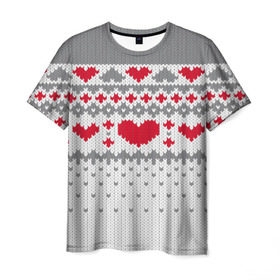 Мужская футболка 3D с принтом Сердечки в Белгороде, 100% полиэфир | прямой крой, круглый вырез горловины, длина до линии бедер | вязанье | любовь | свитр | сердечки