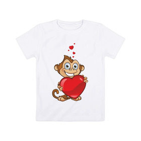 Детская футболка хлопок с принтом Обезьянка с сердцем в Белгороде, 100% хлопок | круглый вырез горловины, полуприлегающий силуэт, длина до линии бедер | Тематика изображения на принте: 