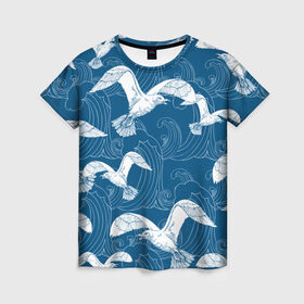 Женская футболка 3D с принтом Чайки в Белгороде, 100% полиэфир ( синтетическое хлопкоподобное полотно) | прямой крой, круглый вырез горловины, длина до линии бедер | небо | полет | птицы | чайки