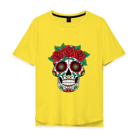Мужская футболка хлопок Oversize с принтом Мексиканский череп для нее в Белгороде, 100% хлопок | свободный крой, круглый ворот, “спинка” длиннее передней части | Тематика изображения на принте: мексика | мексиканский череп calavera для неемексиканский череп calavera | череп