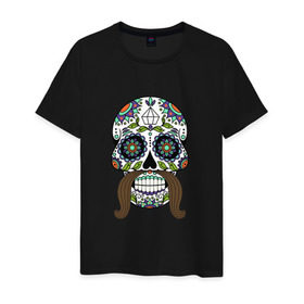 Мужская футболка хлопок с принтом Мексиканский череп для него в Белгороде, 100% хлопок | прямой крой, круглый вырез горловины, длина до линии бедер, слегка спущенное плечо. | Тематика изображения на принте: мексиканский череп  calavera для негомексика | мексиканский череп calavera | череп