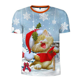 Мужская футболка 3D спортивная с принтом Новогодний котёнок в Белгороде, 100% полиэстер с улучшенными характеристиками | приталенный силуэт, круглая горловина, широкие плечи, сужается к линии бедра | 2016 | christmas | ёлка | котёнок | новый год