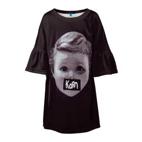 Детское платье 3D с принтом KoЯn в Белгороде, 100% полиэстер | прямой силуэт, чуть расширенный к низу. Круглая горловина, на рукавах — воланы | korn | metal | rock | группы | корн | метал | рок
