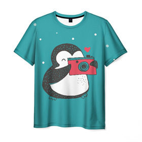 Мужская футболка 3D с принтом Пингвин с фотоаппаратом в Белгороде, 100% полиэфир | прямой крой, круглый вырез горловины, длина до линии бедер | 14 февраля | влюбленные | девушка | день святого валентина | любовь | пара | парень