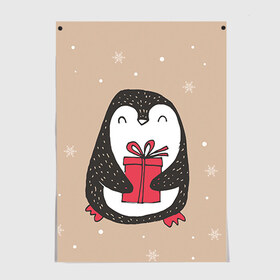Постер с принтом Пингвин с подарком в Белгороде, 100% бумага
 | бумага, плотность 150 мг. Матовая, но за счет высокого коэффициента гладкости имеет небольшой блеск и дает на свету блики, но в отличии от глянцевой бумаги не покрыта лаком | пингвин