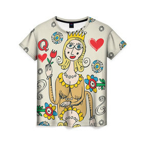 Женская футболка 3D с принтом Червовая дама в Белгороде, 100% полиэфир ( синтетическое хлопкоподобное полотно) | прямой крой, круглый вырез горловины, длина до линии бедер | 14 февраля | love | влюбленные | карты | королева | король | лав | любовь | пара | парные | подарок