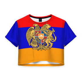 Женская футболка 3D укороченная с принтом Герб и флаг Армении в Белгороде, 100% полиэстер | круглая горловина, длина футболки до линии талии, рукава с отворотами | armenia | армения | герб | флаг