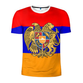 Мужская футболка 3D спортивная с принтом Герб и флаг Армении в Белгороде, 100% полиэстер с улучшенными характеристиками | приталенный силуэт, круглая горловина, широкие плечи, сужается к линии бедра | Тематика изображения на принте: armenia | армения | герб | флаг