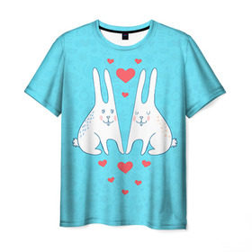 Мужская футболка 3D с принтом Зай и зая в Белгороде, 100% полиэфир | прямой крой, круглый вырез горловины, длина до линии бедер | 14 февраля | bear | love | teddy | валентин | влюбленный | зайчик | зая | заяц | любовь | милый | рисунок | сердечко | сердце