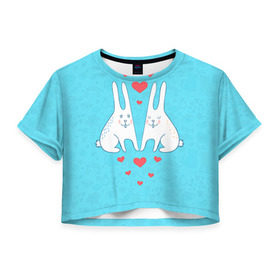 Женская футболка 3D укороченная с принтом Зай и зая в Белгороде, 100% полиэстер | круглая горловина, длина футболки до линии талии, рукава с отворотами | 14 февраля | bear | love | teddy | валентин | влюбленный | зайчик | зая | заяц | любовь | милый | рисунок | сердечко | сердце