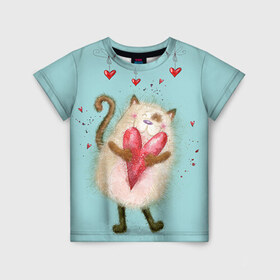 Детская футболка 3D с принтом Котик в Белгороде, 100% гипоаллергенный полиэфир | прямой крой, круглый вырез горловины, длина до линии бедер, чуть спущенное плечо, ткань немного тянется | Тематика изображения на принте: 14 февраля | bear | love | teddy | валентин | влюбленный | киска | кот | котик | любовь | милый | рисунок | сердечко | сердце
