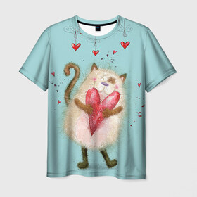 Мужская футболка 3D с принтом Котик в Белгороде, 100% полиэфир | прямой крой, круглый вырез горловины, длина до линии бедер | Тематика изображения на принте: 14 февраля | bear | love | teddy | валентин | влюбленный | киска | кот | котик | любовь | милый | рисунок | сердечко | сердце