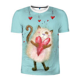 Мужская футболка 3D спортивная с принтом Котик в Белгороде, 100% полиэстер с улучшенными характеристиками | приталенный силуэт, круглая горловина, широкие плечи, сужается к линии бедра | 14 февраля | bear | love | teddy | валентин | влюбленный | киска | кот | котик | любовь | милый | рисунок | сердечко | сердце