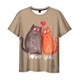 Мужская футболка 3D с принтом Влюбленные котики в Белгороде, 100% полиэфир | прямой крой, круглый вырез горловины, длина до линии бедер | 14 февраля | bear | love | teddy | валентин | влюбленный | киска | кот | котик | любовь | милый | рисунок | сердечко | сердце