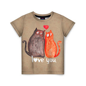 Детская футболка 3D с принтом Влюбленные котики в Белгороде, 100% гипоаллергенный полиэфир | прямой крой, круглый вырез горловины, длина до линии бедер, чуть спущенное плечо, ткань немного тянется | 14 февраля | bear | love | teddy | валентин | влюбленный | киска | кот | котик | любовь | милый | рисунок | сердечко | сердце