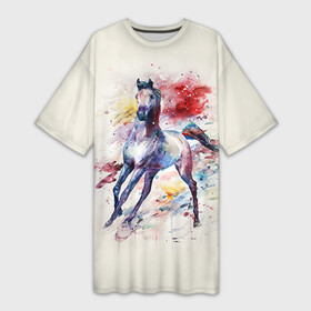 Платье-футболка 3D с принтом Лошадь. Арт 1 в Белгороде,  |  | horse | horseshoe | акварель | головалошади | грива | жеребец | животные | конь | лошадь | лошадьскрыльями | подкова | природа | рисуноккрасками