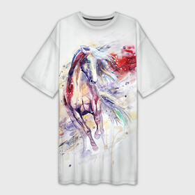 Платье-футболка 3D с принтом Лошадь. Арт 2 в Белгороде,  |  | horse | horseshoe | акварель | головалошади | грива | жеребец | животные | конь | лошадь | лошадьскрыльями | подкова | природа | рисуноккрасками