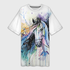 Платье-футболка 3D с принтом Лошадь. Арт 3 в Белгороде,  |  | horse | horseshoe | акварель | головалошади | грива | жеребец | животные | конь | лошадь | лошадьскрыльями | подкова | природа | рисуноккрасками