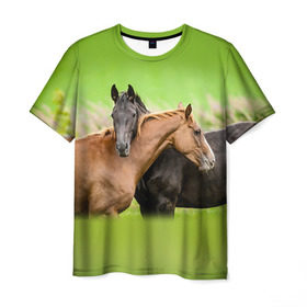 Мужская футболка 3D с принтом Лошади 2 в Белгороде, 100% полиэфир | прямой крой, круглый вырез горловины, длина до линии бедер | horse | horseshoe | акварель | головалошади | грива | единорог | жеребец | животные | конь | лошадь | лошадьскрыльями | подкова | природа | рисуноккрасками