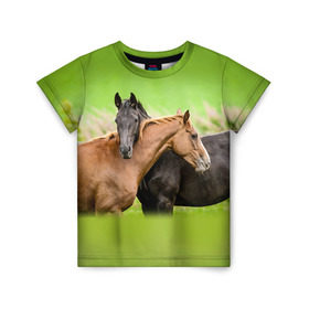 Детская футболка 3D с принтом Лошади 2 в Белгороде, 100% гипоаллергенный полиэфир | прямой крой, круглый вырез горловины, длина до линии бедер, чуть спущенное плечо, ткань немного тянется | horse | horseshoe | акварель | головалошади | грива | единорог | жеребец | животные | конь | лошадь | лошадьскрыльями | подкова | природа | рисуноккрасками