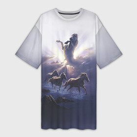 Платье-футболка 3D с принтом Лошади 3 в Белгороде,  |  | horse | horseshoe | акварель | головалошади | грива | единорог | жеребец | животные | конь | лошадь | лошадьскрыльями | подкова | природа | рисуноккрасками