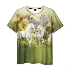 Мужская футболка 3D с принтом Единороги в Белгороде, 100% полиэфир | прямой крой, круглый вырез горловины, длина до линии бедер | horse | horseshoe | акварель | головалошади | грива | единорог | жеребец | животные | конь | лошадь | лошадьскрыльями | подкова | природа | рисуноккрасками