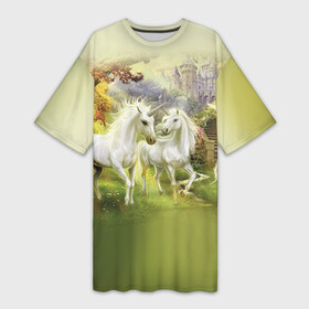 Платье-футболка 3D с принтом Единороги в Белгороде,  |  | Тематика изображения на принте: horse | horseshoe | акварель | головалошади | грива | единорог | жеребец | животные | конь | лошадь | лошадьскрыльями | подкова | природа | рисуноккрасками