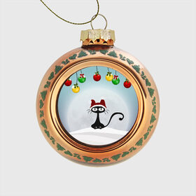 Стеклянный ёлочный шар с принтом Кошка с шапкой в Белгороде, Стекло | Диаметр: 80 мм | Тематика изображения на принте: black | cat | toy | елочный шар | кот | кошка | черный | шар