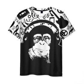 Мужская футболка 3D с принтом Шимпанзе в наушниках в Белгороде, 100% полиэфир | прямой крой, круглый вырез горловины, длина до линии бедер | Тематика изображения на принте: джаз | музыка | обезьяна | рок | шимпанзе в наущниках