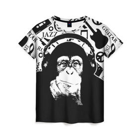 Женская футболка 3D с принтом Шимпанзе в наушниках в Белгороде, 100% полиэфир ( синтетическое хлопкоподобное полотно) | прямой крой, круглый вырез горловины, длина до линии бедер | джаз | музыка | обезьяна | рок | шимпанзе в наущниках