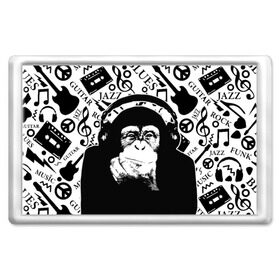 Магнит 45*70 с принтом Шимпанзе в наушниках в Белгороде, Пластик | Размер: 78*52 мм; Размер печати: 70*45 | джаз | музыка | обезьяна | рок | шимпанзе в наущниках