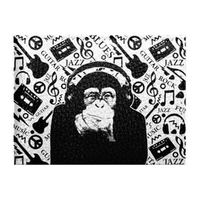 Обложка для студенческого билета с принтом Шимпанзе в наушниках в Белгороде, натуральная кожа | Размер: 11*8 см; Печать на всей внешней стороне | джаз | музыка | обезьяна | рок | шимпанзе в наущниках