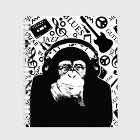 Тетрадь с принтом Шимпанзе в наушниках в Белгороде, 100% бумага | 48 листов, плотность листов — 60 г/м2, плотность картонной обложки — 250 г/м2. Листы скреплены сбоку удобной пружинной спиралью. Уголки страниц и обложки скругленные. Цвет линий — светло-серый
 | Тематика изображения на принте: джаз | музыка | обезьяна | рок | шимпанзе в наущниках