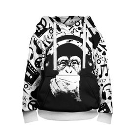 Детская толстовка 3D с принтом Шимпанзе в наушниках в Белгороде, 100% полиэстер | двухслойный капюшон со шнурком для регулировки, мягкие манжеты на рукавах и по низу толстовки, спереди карман-кенгуру с мягким внутренним слоем | джаз | музыка | обезьяна | рок | шимпанзе в наущниках