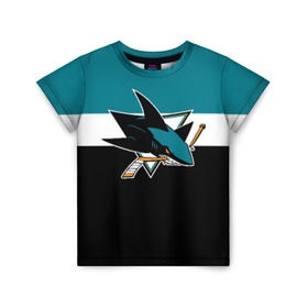 Детская футболка 3D с принтом San Jose Sharks в Белгороде, 100% гипоаллергенный полиэфир | прямой крой, круглый вырез горловины, длина до линии бедер, чуть спущенное плечо, ткань немного тянется | Тематика изображения на принте: hockey | nhl | san jose sharks | нхл | спорт | хоккей